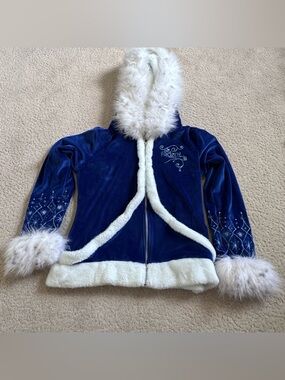 Disney Frozen Broadway Musical Elsa Blue Fur Zip Hoodie Sweater Jacket Small